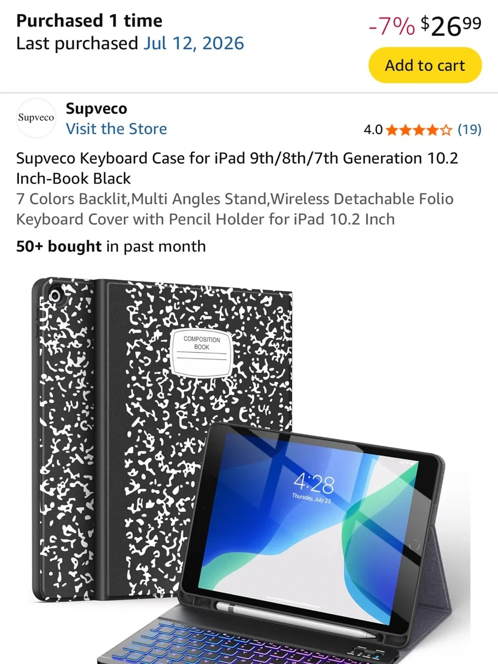 Supveco Keyboard Case for IPad 7, 8, 9 generation 10.2 Inch